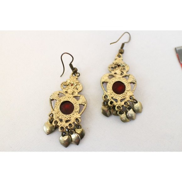 Vintage Gold & Red Hearts Dangle Drop Earrings - Picture 2 of 5